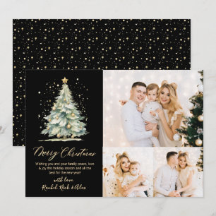 Blalck Gold Watercolor Christmas Tree 3 Photo Holiday Card
