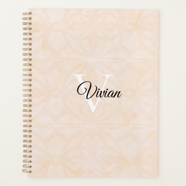 Blanc Cream Batik Elegant Monogram Name Planner (Front)