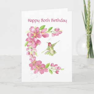 Blank 80th Birthday Cherry Blossom & Hummingbird Card