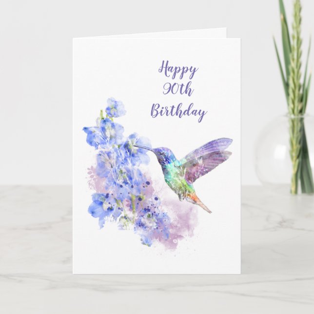 Blank 90th Birthday Hummingbird Bird Delphiniums Card (Front)