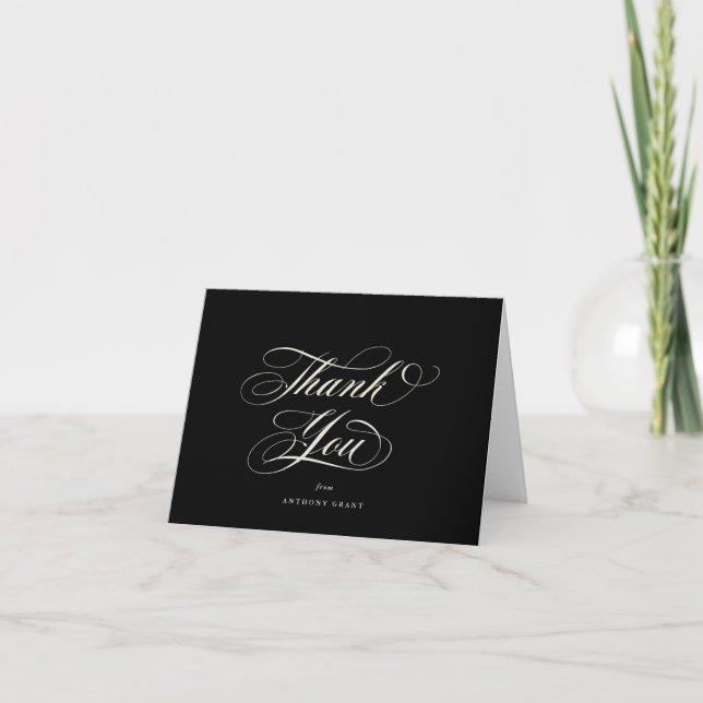 Blank Black Elegant Script Graduation Thank You Card (Front)