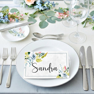 Blank Blue watercolor floral wedding Place Card