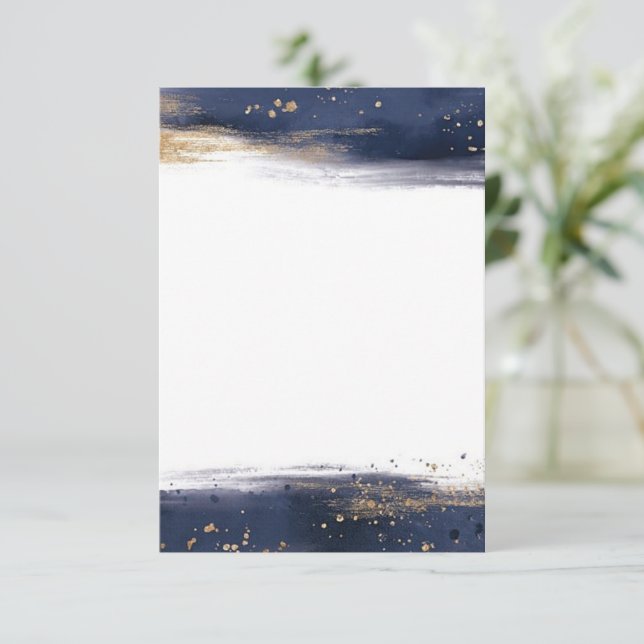 Blank budget blue and gold brushstrokes wedding  invitation (Standing Front)