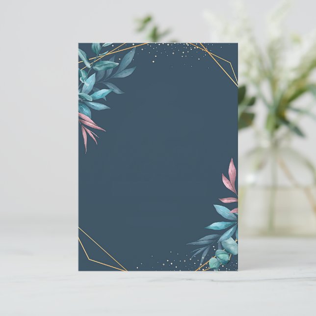 Blank budget blue and pink botanical wedding  invitation (Standing Front)