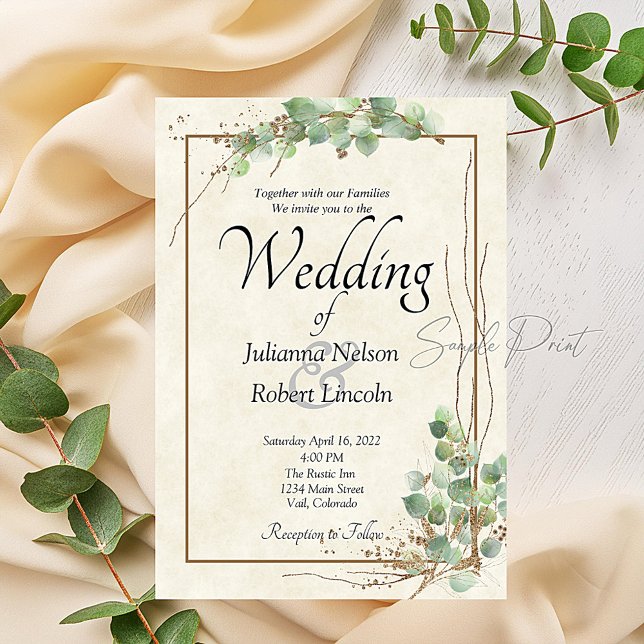 Blank budget Eucalyptus and gold wedding  Invitati Invitation (Creator Uploaded)