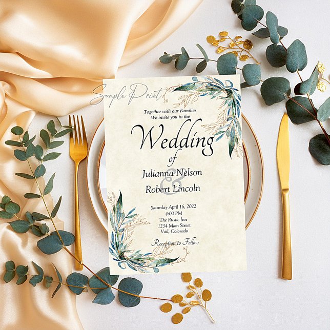Blank budget Eucalyptus and gold wedding  Invitation (Creator Uploaded)