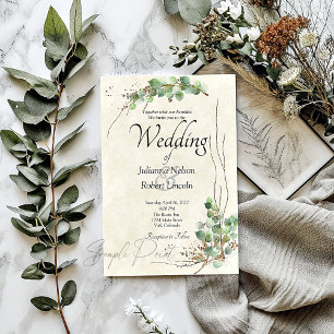 Blank budget Eucalyptus and gold wedding  Invitation