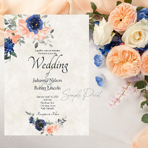Blank budget Peach and blue  floral wedding  Invitation