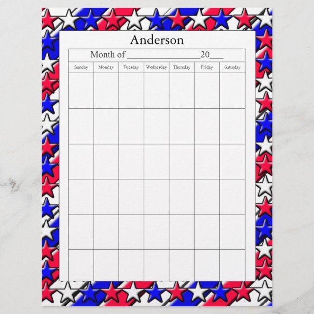 Blank Calendar Page - Red, White, and Blue (Front)