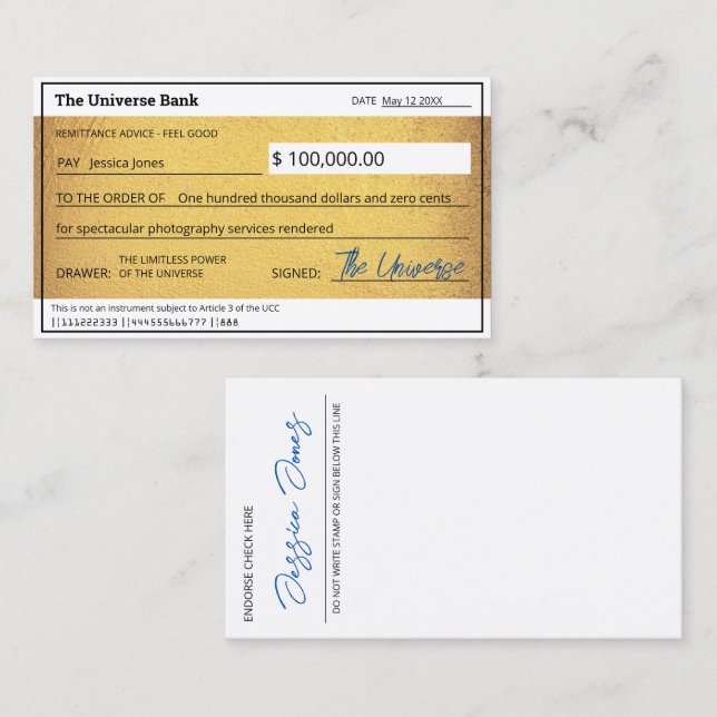 Blank Check Gold Law of Attraction Manifestation Business Card (Front/Back)
