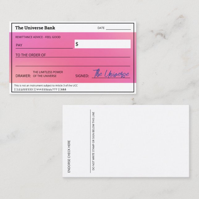 Blank Check Pink Aura Law of Attraction Abundance Business Card (Front/Back)