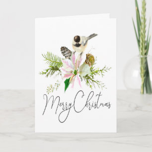 Blank Christmas Chickadee Bird Pointsettia Card