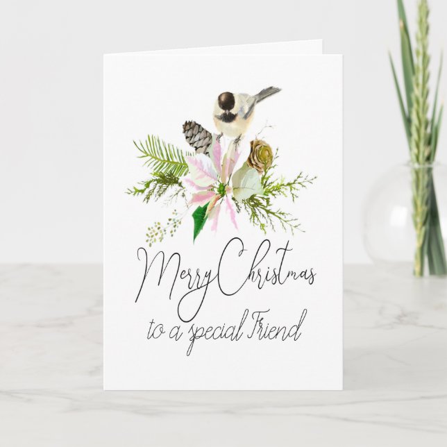 Blank Christmas Chickadee Bird Pointsettia Friend Card (Front)