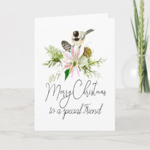 Blank Christmas Chickadee Bird Pointsettia Friend Card