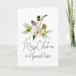 Blank Christmas Chickadee Bird Pointsettia Sister Card