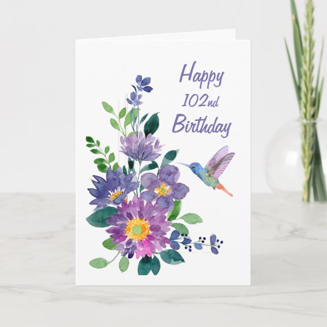 Blank Custom 102nd Birthday Hummingbird Flower Card (Front)
