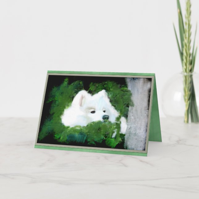 Blank Custom Greeting Card; Samoyed in the Garden Card (Front)