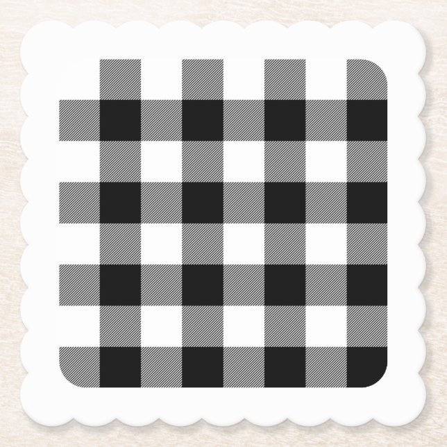 Blank Edge White and Black Buffalo Plaid Paper Coaster (Front)