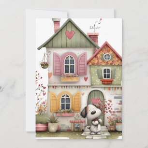 Blank Flat Card Cosy Cottage and Puppy
