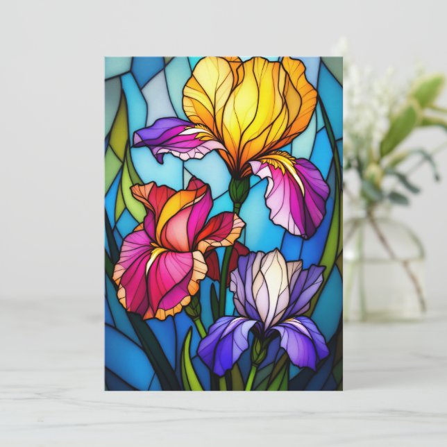 Blank Flat Greeting Card with Stain-Glass Iris  (Standing Front)