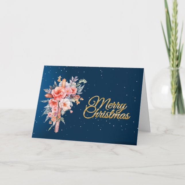 Blank Floral Cross Blue Merry Christmas Card (Front)