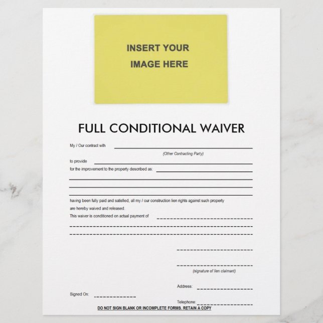 Blank Full Conditional Waiver Form (Front)