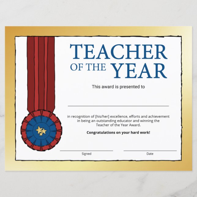 Blank Gold Teacher of the Year Certificate Award (Front)
