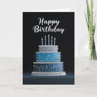 BLANK INSIDE: Blue & Silver Birthday Cake Design Card