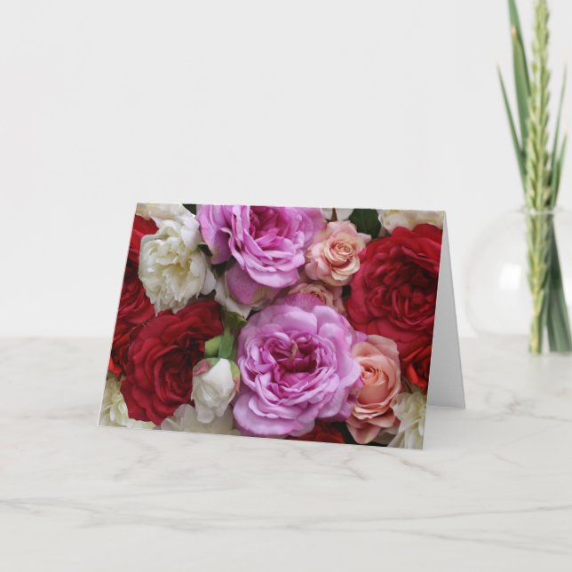 Blank Inside Pretty Floral Red Pink Elegant Folded Note Card (Front)