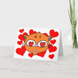 Blank Inside Puckered lips kitten with hearts Card