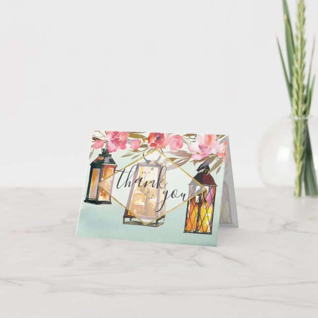 Blank Inside Rustic Romantic Lanterns Rose Gold Thank You Card (Front)