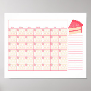 Blank Monthly Calendar Strawberry Cake Theme Poster
