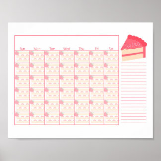 Blank Monthly Calendar Strawberry Cake Theme Poster