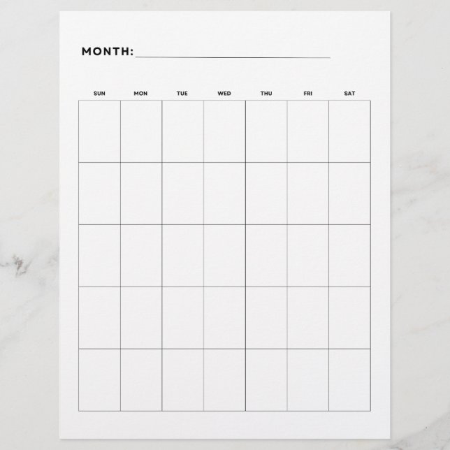 Blank Monthly Calendar With 5 Weeks 8.5 x 11 Flyer (Front)