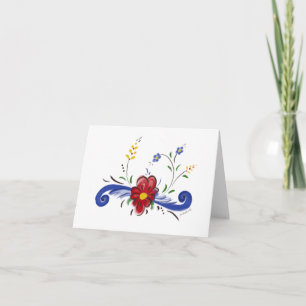 Blank notecard with red flower and blue scrolls