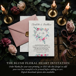 Blank Pink watercolor floral heart wedding Invitation