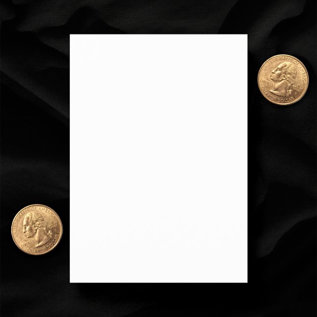 Blank Plain White Wedding 3.5" x 5" RSVP Card (Blank white save the date card, on black background, with American quarters for scale)