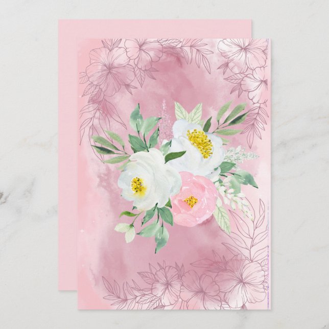 Blank Pretty Pink and White Watercolor Flowers Announcement (Front/Back)