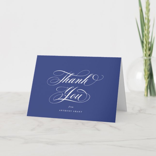 Blank Royal Blue Elegant Script Graduation Thank You Card (Front)