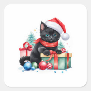 Blank Santa Cat with Presents and Balls Square Sticker