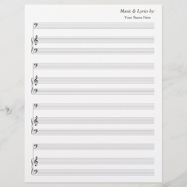 Blank Sheet Music 4 Stave Bass and Piano (Front)