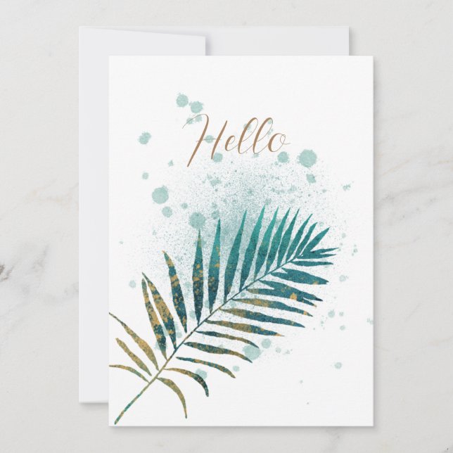 Blank Turquoise and Gold Tropical Leaf Announcement (Front)