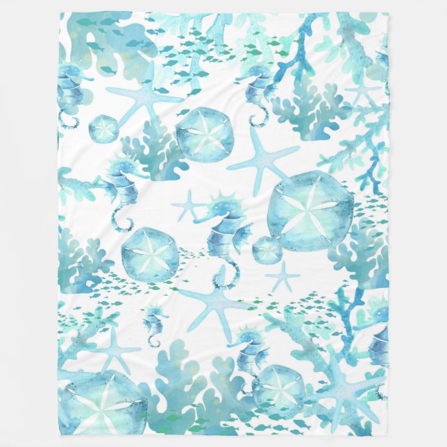 Blanket Teal Blue Seahorse Sanddollar Seashell (Front)