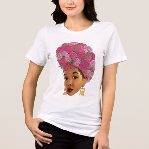 Blasian Girl Pink Flowers in Hair T-Shirt Tri-Blend Shirt