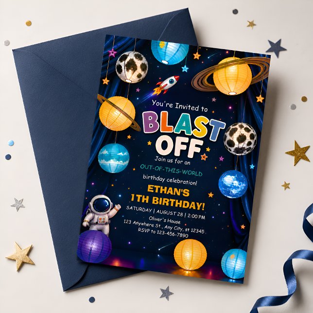 Blast Off First Birthday Invitation for Boys (Creator Uploaded)