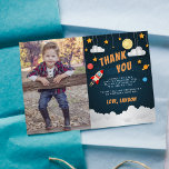 Blast Off | Flat Thank You Photo Card<br><div class="desc">Cute flat thank you cards for your little space explorer's birthday feature a rocket ship,  stars,  planets and clouds against a night sky background,  with "thank you" and your personal message and signature. Personalise with a favourite photo of the birthday boy for a cool personal touch.</div>
