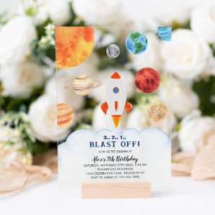 Blast Off Galaxy Space Rocket Ship Birthday Acrylic Invitations