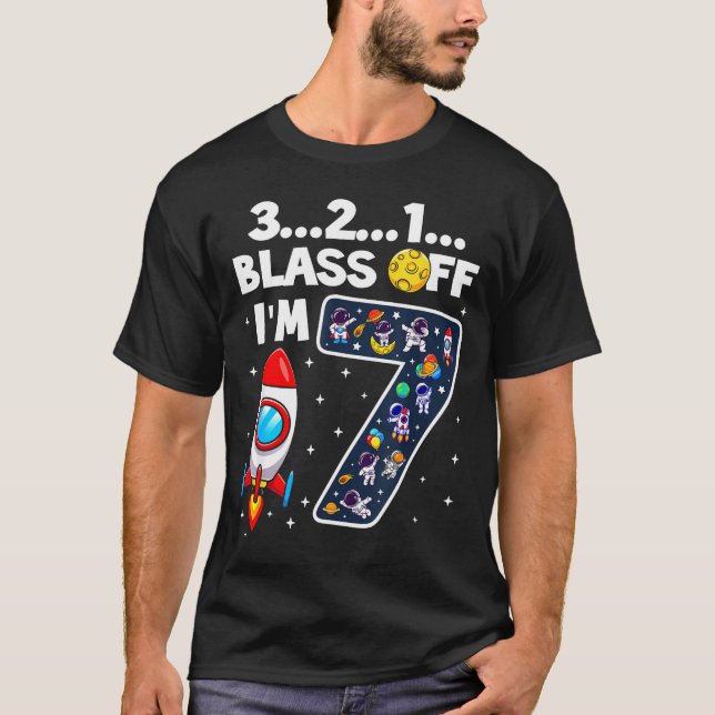 Blast Off I'm 7 Years Old 7th Birthday Spaceship A T-Shirt (Front)