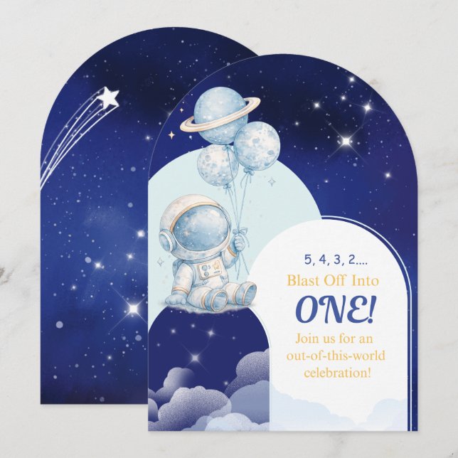 Blast Off Into One Space Birthday Invitation (Front/Back)