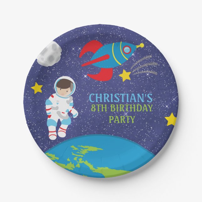 Blast Off Outer Space Astronaut Birthday Paper Plate (Front)